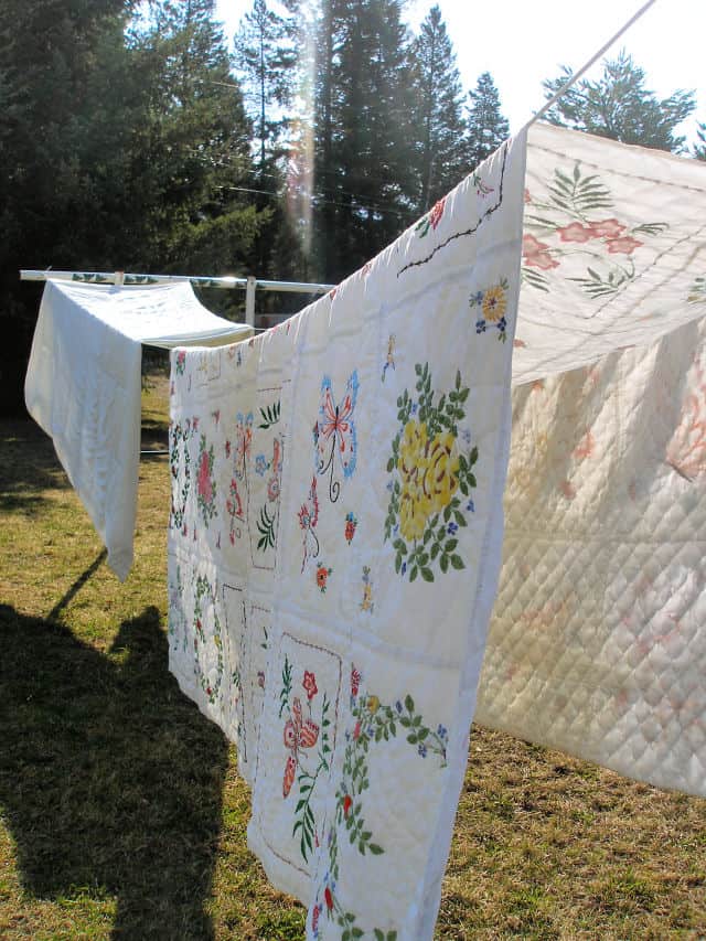 Blankets drying on a clothesline in the sune.