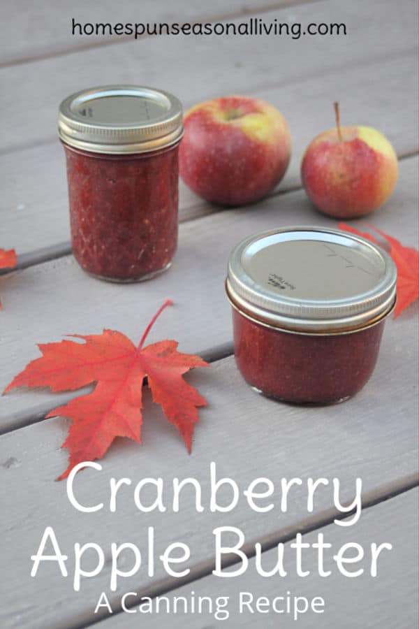 J]ars of cranberry apple butter on a table with red maple leaves and fresh apples.