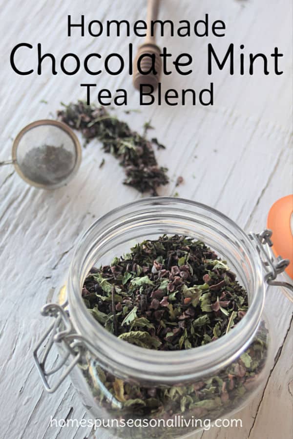 A jar of homemade chocolate mint tea surrounded by tea ball.