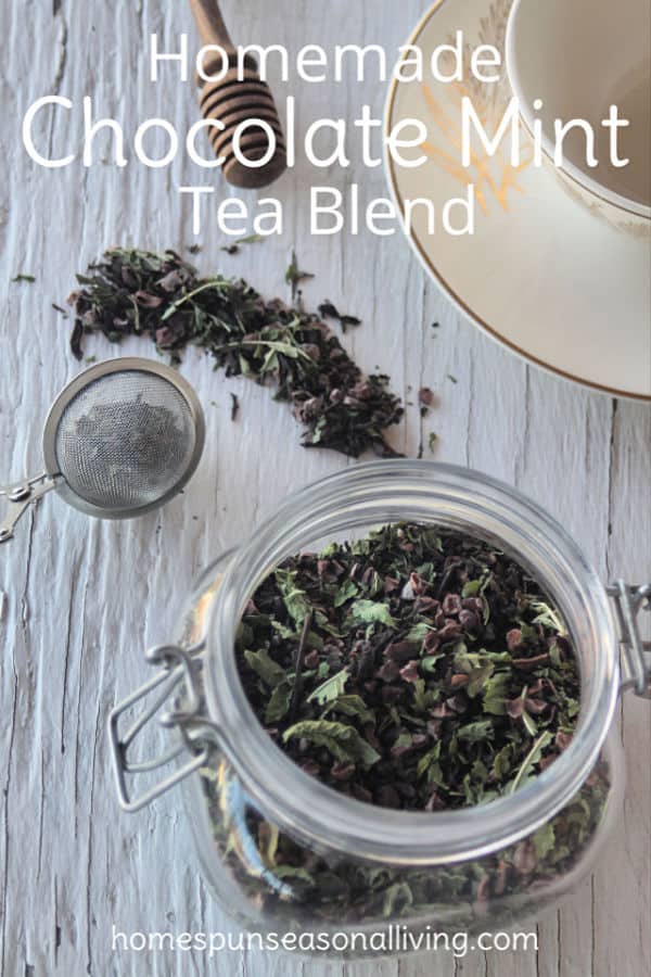 A jar of homemade chocolate mint tea with a tea ball and tea cup.