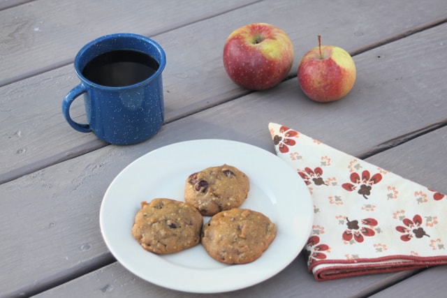 Soft spiced coffee cookies on a plate with cup of coffee, fresh apples, and a cloth napkin.