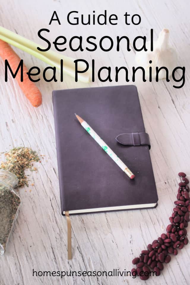 A journal with pencil on top surrounded by food for seasonal meal planning.