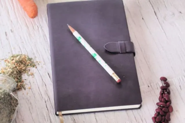 A journal with pencil on top surrounded by food for seasonal meal planning.