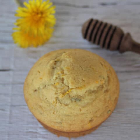 Close up of the top of a dandelion muffin with a honey dipper and dandelion flowers on the table next to it.