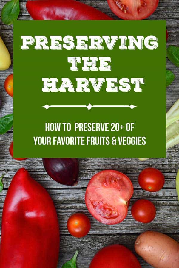 Fresh vegetables on a table with text overlay 'preserving the harvest'