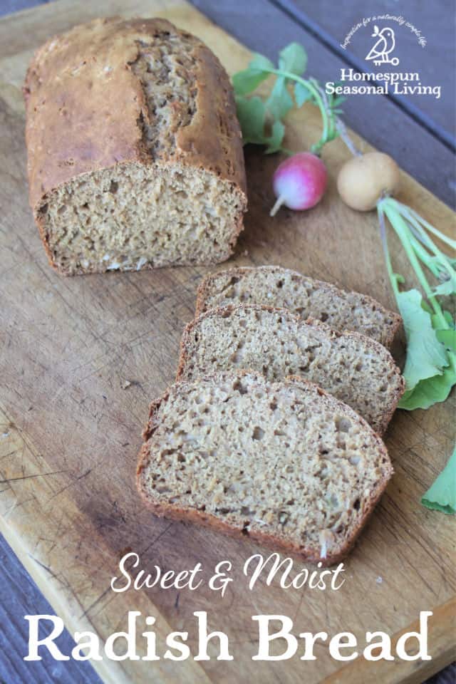 Radish bread slices on a cutting board surrounded by fresh radishes.