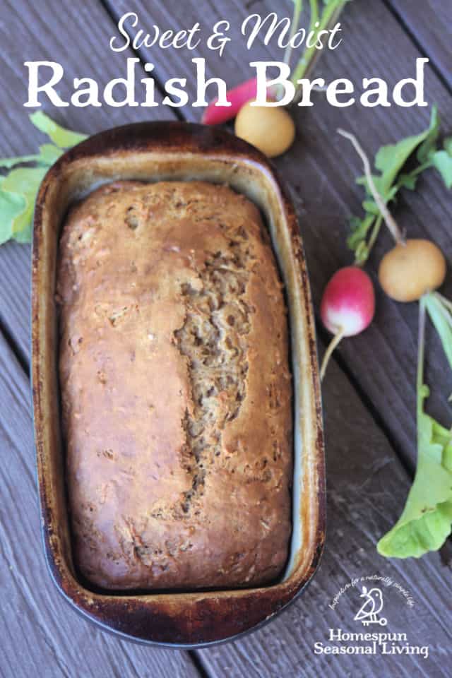 Radish bread slices on a cutting board surrounded by fresh radishes.