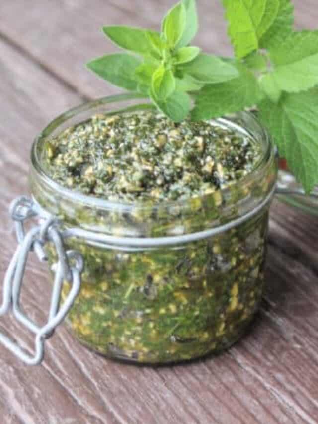 Lemon balm oregano pesto in a glass jar with fresh herbs.