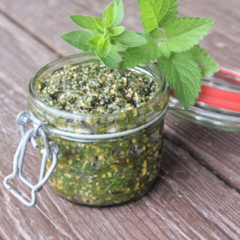 Lemon Balm Oregano pesto in an open jar with fresh herbs in the background.