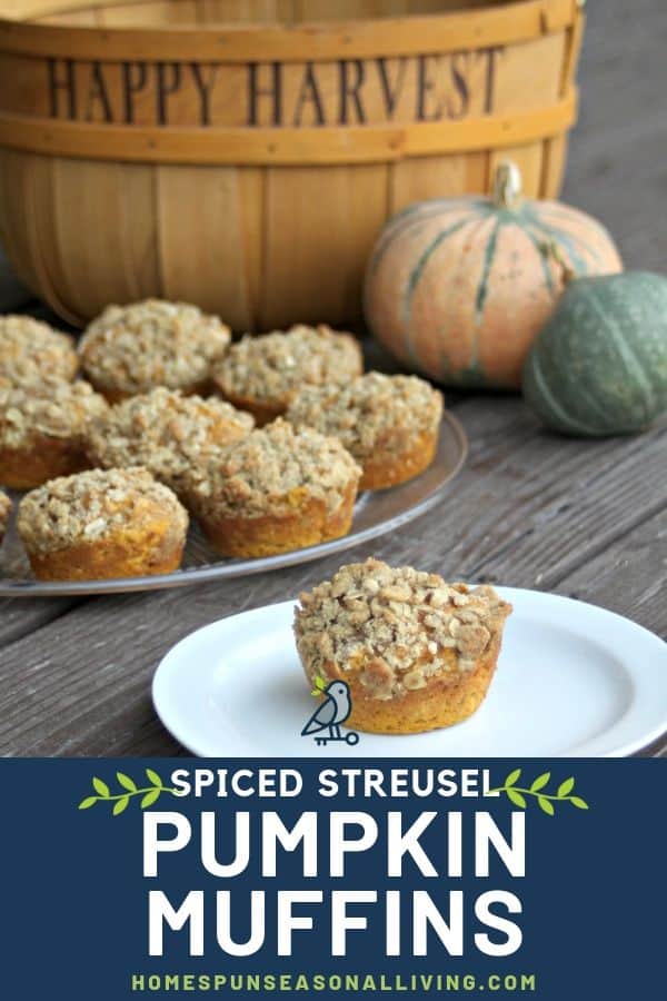 A pumpkin muffin with cardamom oat streusel on a plate in front of a platter of muffins surrounded by fresh winter squash and a basket..