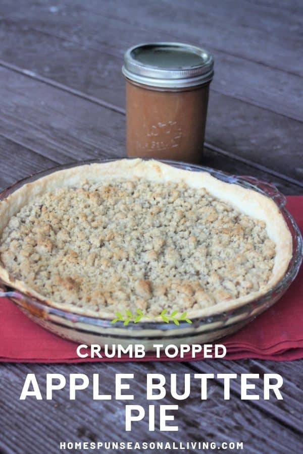 Whole apple butter pie with crumb topping sitting on a red cloth with a jar of maple apple butter behind it. Includes text overlay.