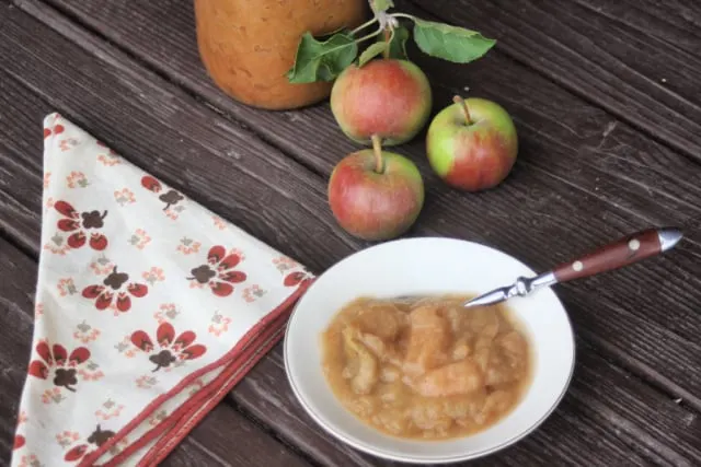 Chunky applesauce in a bowl with a spoon, a napkin to the left and fresh apples behind it. 