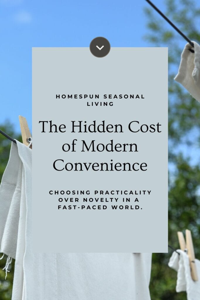 An image of linens drying on a laundry line held in place with wooden clothespin. A Text box over the top reads: The hidden cost of modern convenience: Choosing practicality over novelty in a fast-paced world. 
