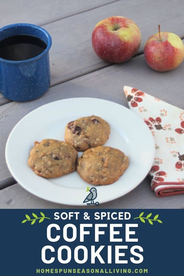 Three soft spiced coffee cookies on a plate surrounded by fresh apples, a cup of coffee, and a napkin with text overlay.