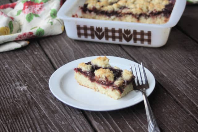 A chocolate cranberry bar on a plate with a fork and pan full of bars.