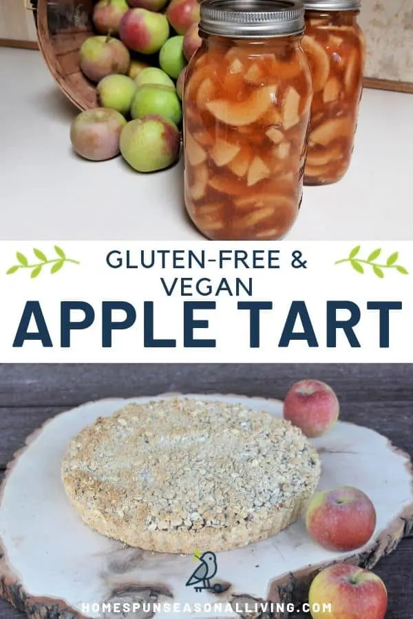 A collage stacked photos with jars of apple pie filling on the top and whole gluten free apple tart on the bottom with text overlay in the middle.