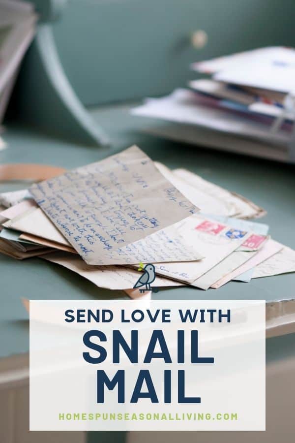 Handwritten letters on a desk with text overlay.