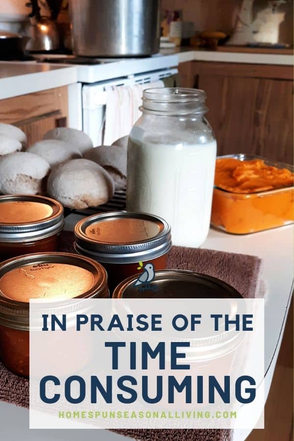 A kitchen counter full of jars of canned tomato sauce, freshly made bread rolls, a jar of yogurt, and pumpkin puree with text overlay.