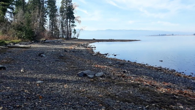 A rocky shoreline with lake and mountains in the distance. 