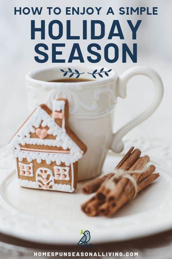 A cup of coffee with a decorated cookie and cinnamon sticks on a saucer with text overlay. 