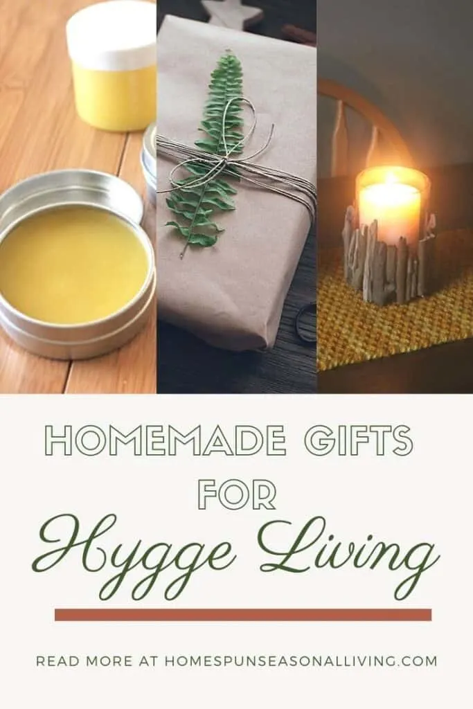 Three images sitting next each other, salve in metal tin, brown paper wrapped package with leaf and twine, a lit candle sitting above text overlay reading: homemade gifts for hygge living.