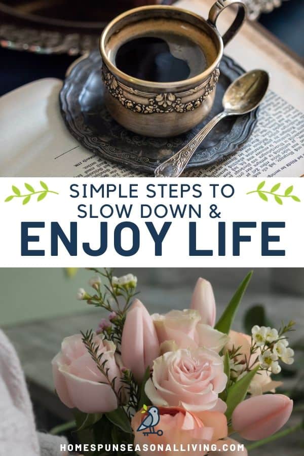 Stacked photos with a coffee cup and spoon top, flower arrangement on bottom, text overlay between them. 