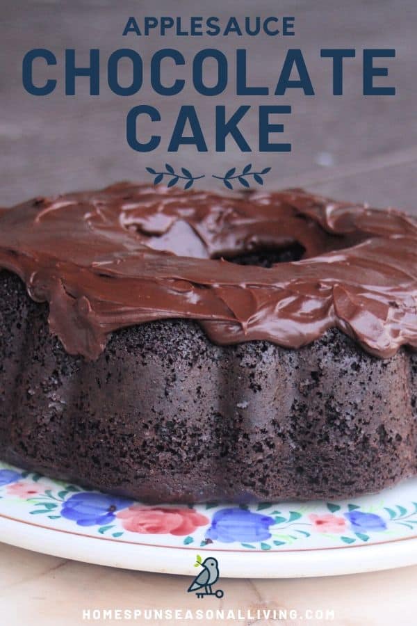 Chocolate applesauce cake on a floral cake plate with text overlay.