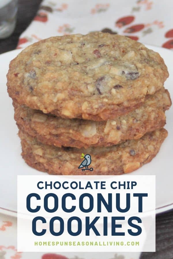 A stack of 3 coconut chocolate chip cookies on a white plate with text overlay.