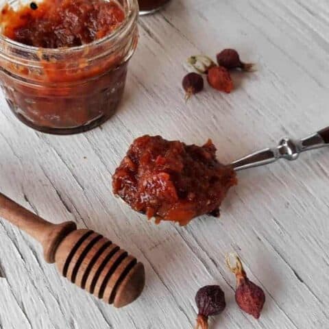 dried fruit and rosehip jam on a spoon with a jar of jam, dried rosehips, and a honey dipper on a white table.
