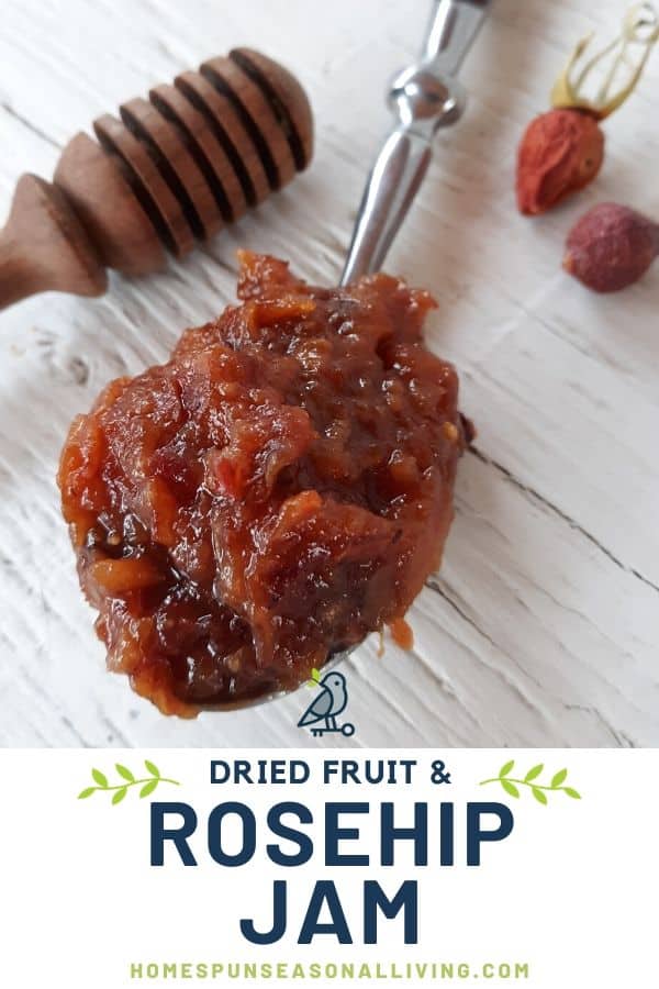 A spoon full of dried fruit and rosehip jam on a white table with a honey dipper and whole dried rosehips with text overlay.