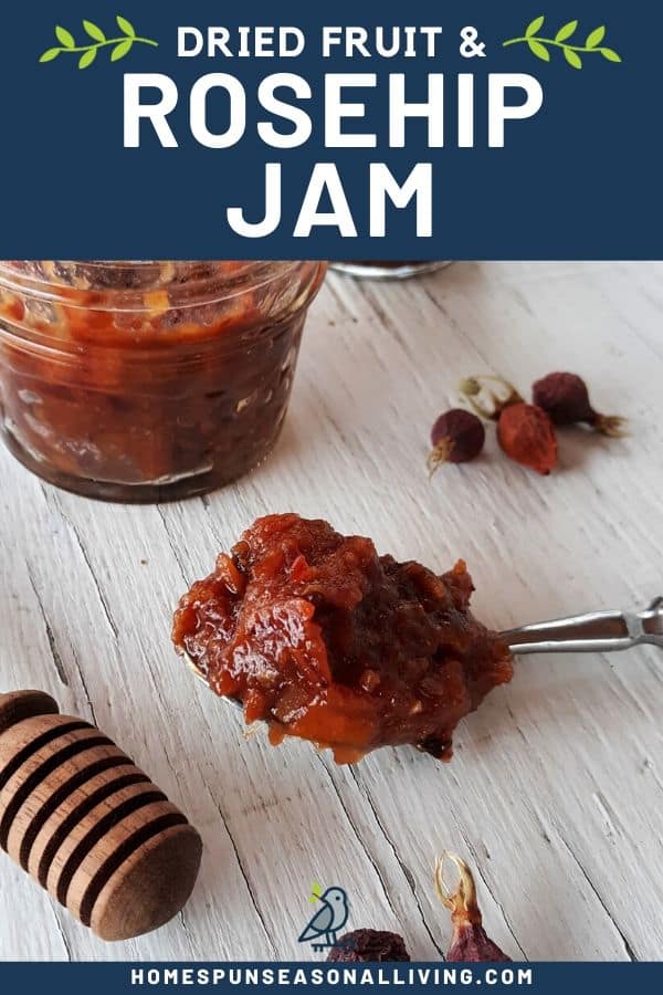 A spoon full of dried fruit and rosehip jam on a white table with a honey dipper and whole dried rosehips with text overlay.