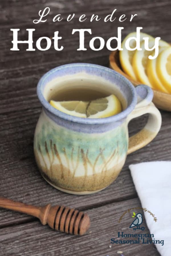 A cup of lavender hot toddy tea in a cup with lemon wedges and text overlay.