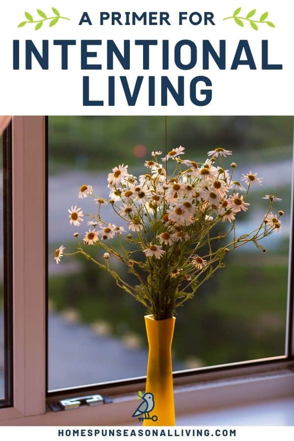 A vase filled with daisies on a windowsill and text overlay.