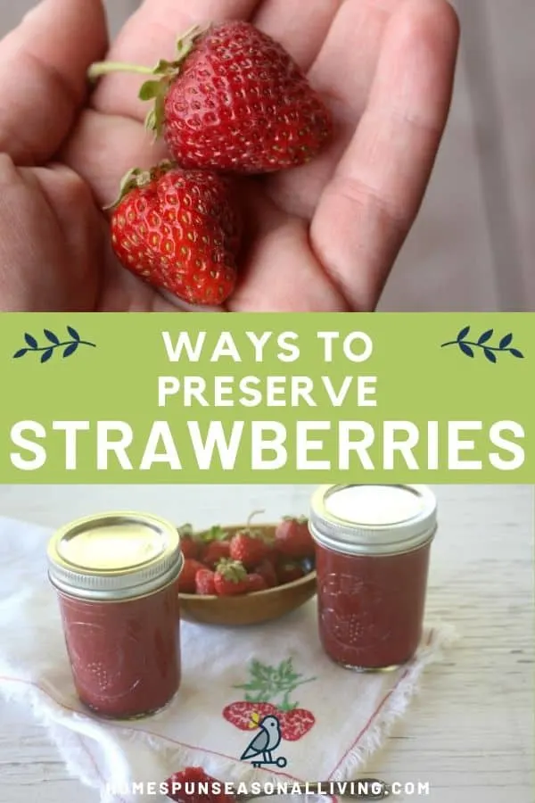 3 stacked photos with a hand holding 2 fresh strawberries on top, text overlay in the middle, 2 jars of jam on the bottom.