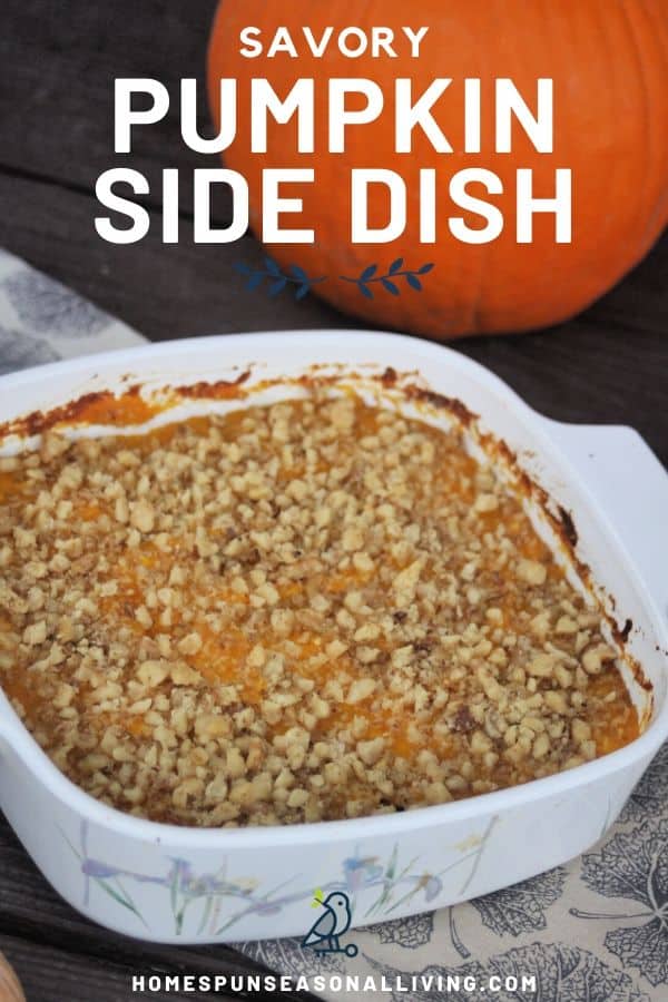 Walnut topped pumpkin casserole in baking dish sitting on a napkin. 