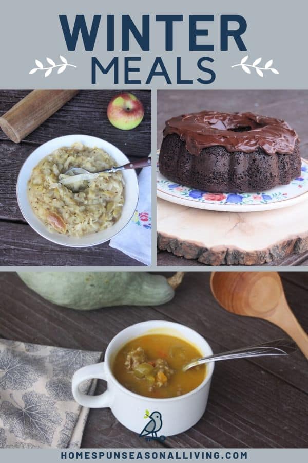 A collage of 3 photos of sauerkraut, applesauce cake, and soup with text overlay.