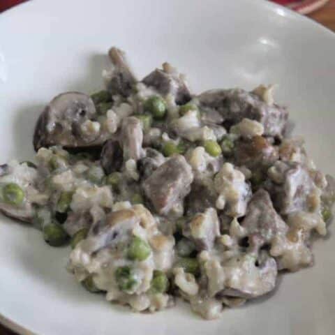 Mushroom and rice beef casserole in a white bowl.