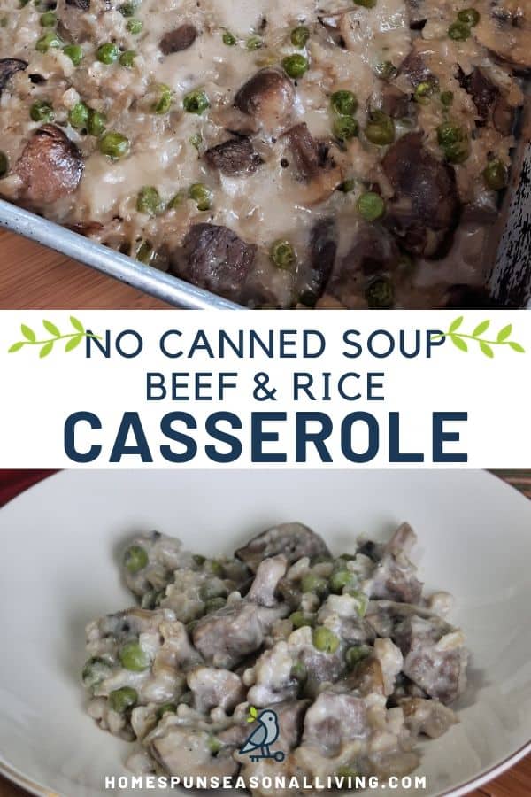 Stacked photos: A metal pan of beef and rice casserole photo on top, text overlay in the middle, a bowl of the casserole on the bottom. 