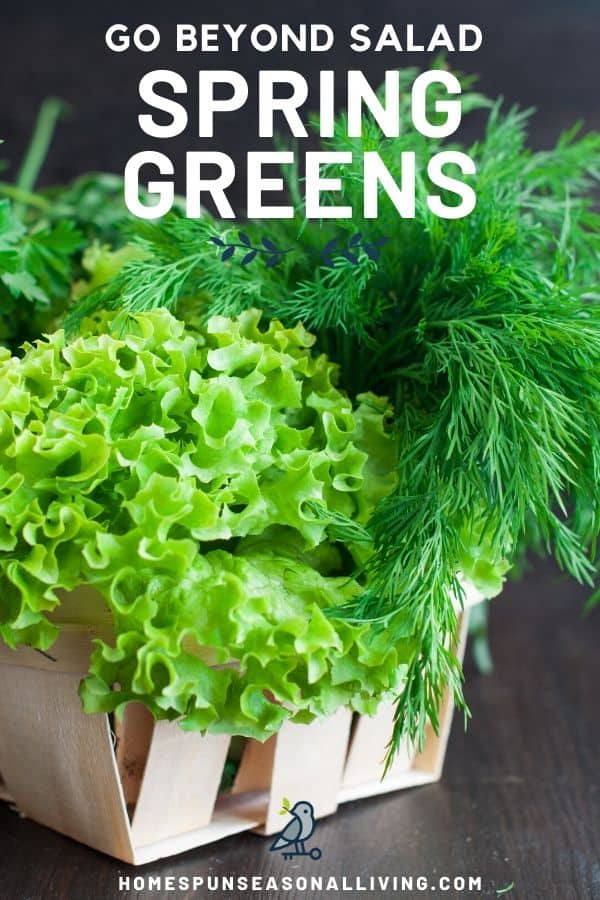 A basket of lettuce and other leafy greens with text overlay.