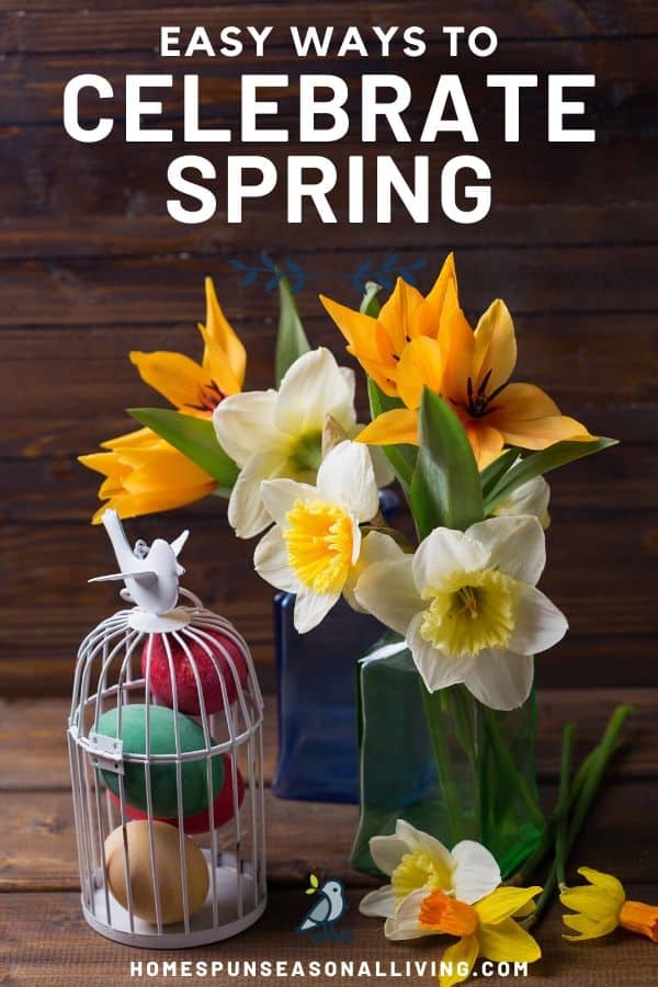 Spring still-life with daffodils in a vase and birdcage full of colored eggs on wooden table with text overlay.