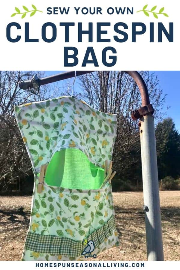 A clothespin bag hanging from laundry pole outside with text overlay.