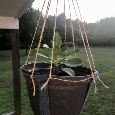 Close up of DIY Hanging Plant Holder made with twine and fabric hanging outside from porch