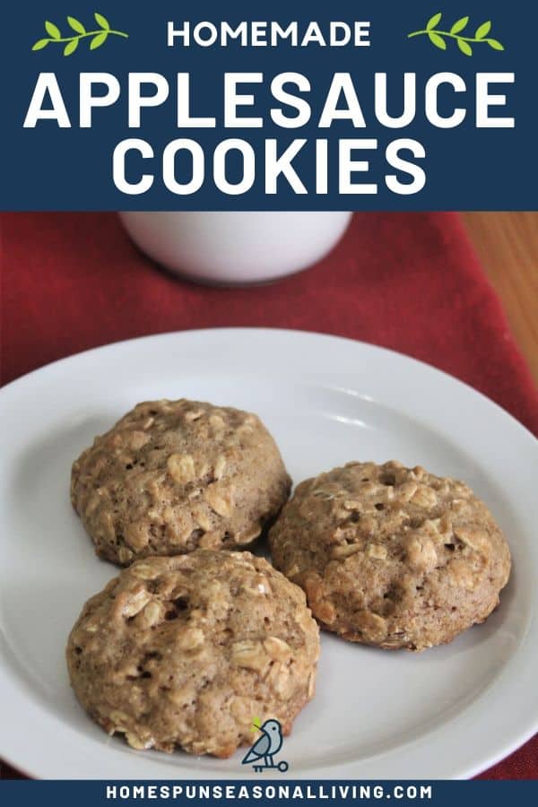 Applesauce cookies on a white plate with a glass of milk and text overlay.