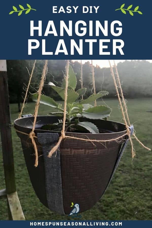 A potted plant hanging from a sewn hammock with text overlay.