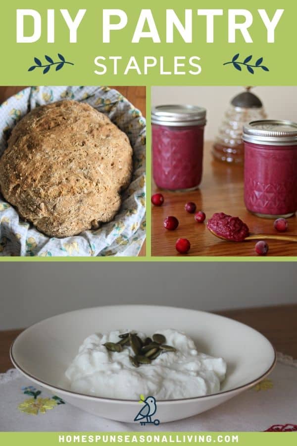 A collage of photos with a loaf of bread, mustard in a jar, and a bowl of yogurt with text overlay. 