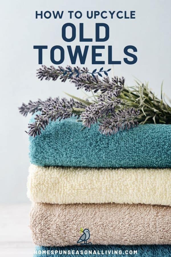 A stack of different colored towels with sprigs of lavender sitting on top and text overlay. 