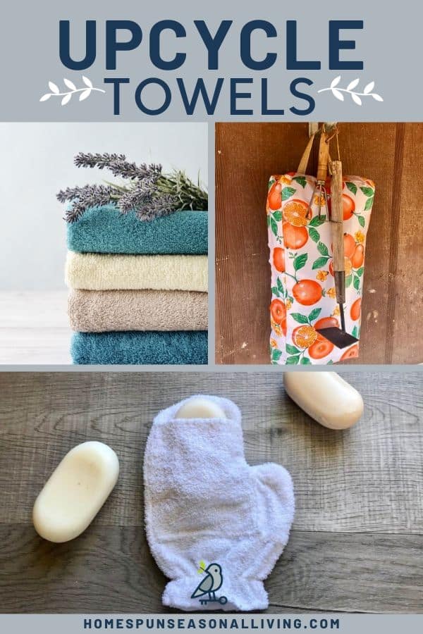 A collage of photos, one is a stack of towels, another is a garden kneeling pad hanging from a hook with a trowel, and the other is a bath mitt with bars of soap and text overlay.