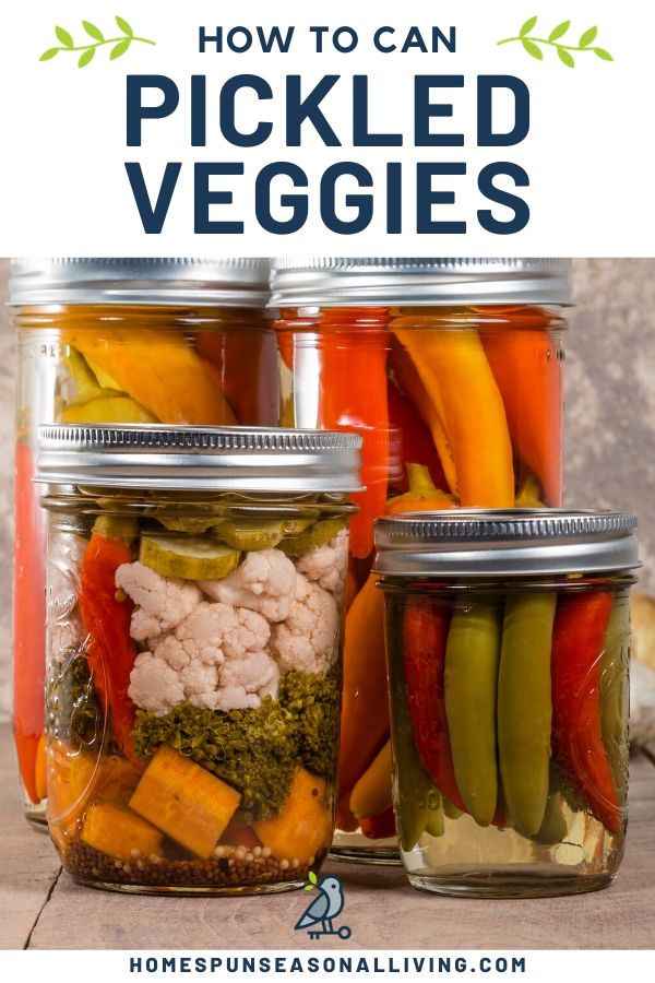 Jars of mixed pickled vegetables with text overlay.