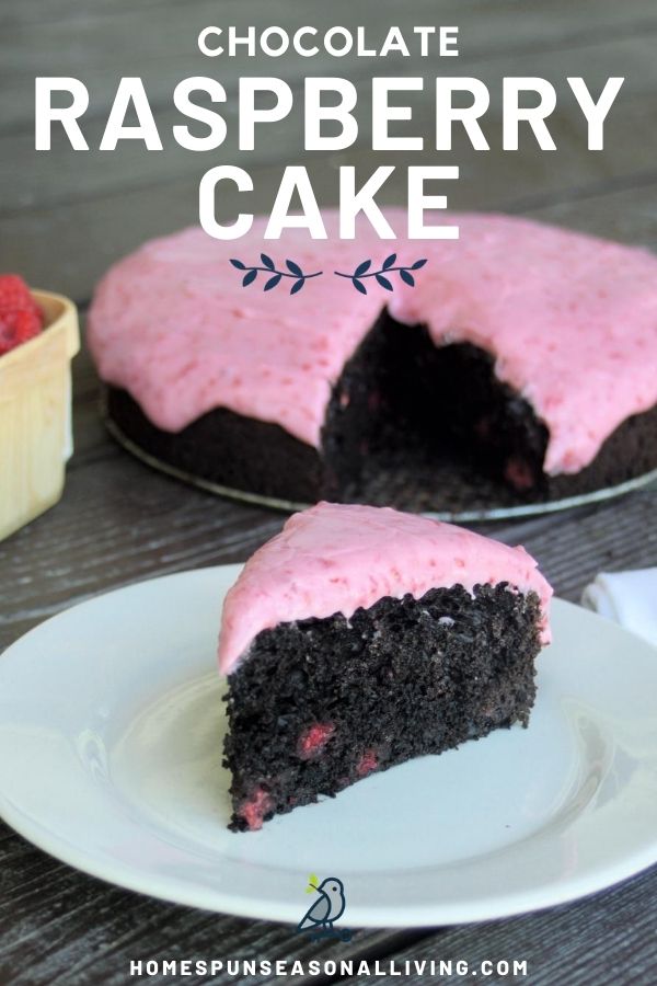 A slice of chocolate raspberry cake on a white plate sitting in front of the rest of the cake with text overlay. 