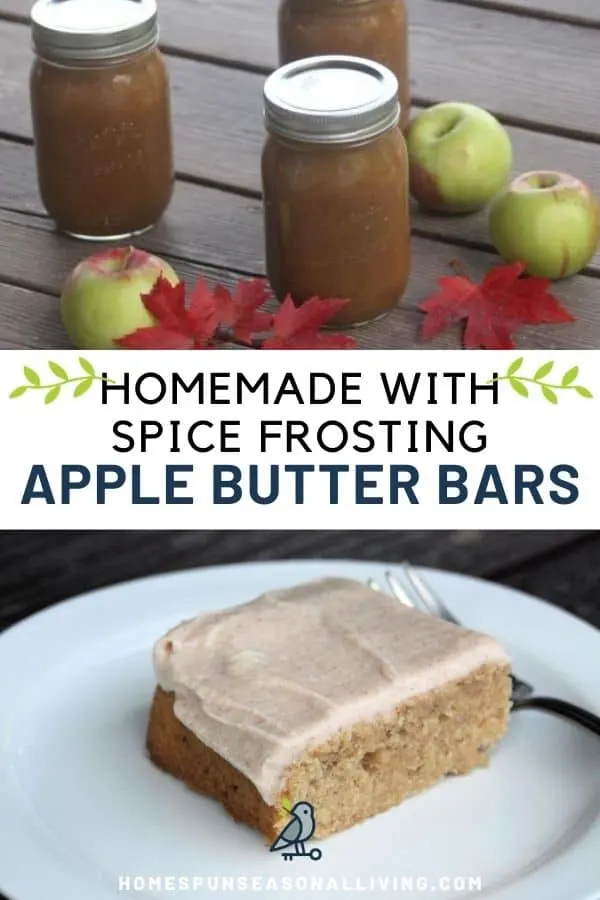 A collage of three images, jars of apple butter on top, text overlay in the middle, apple butter bar on white plate on the bottom.